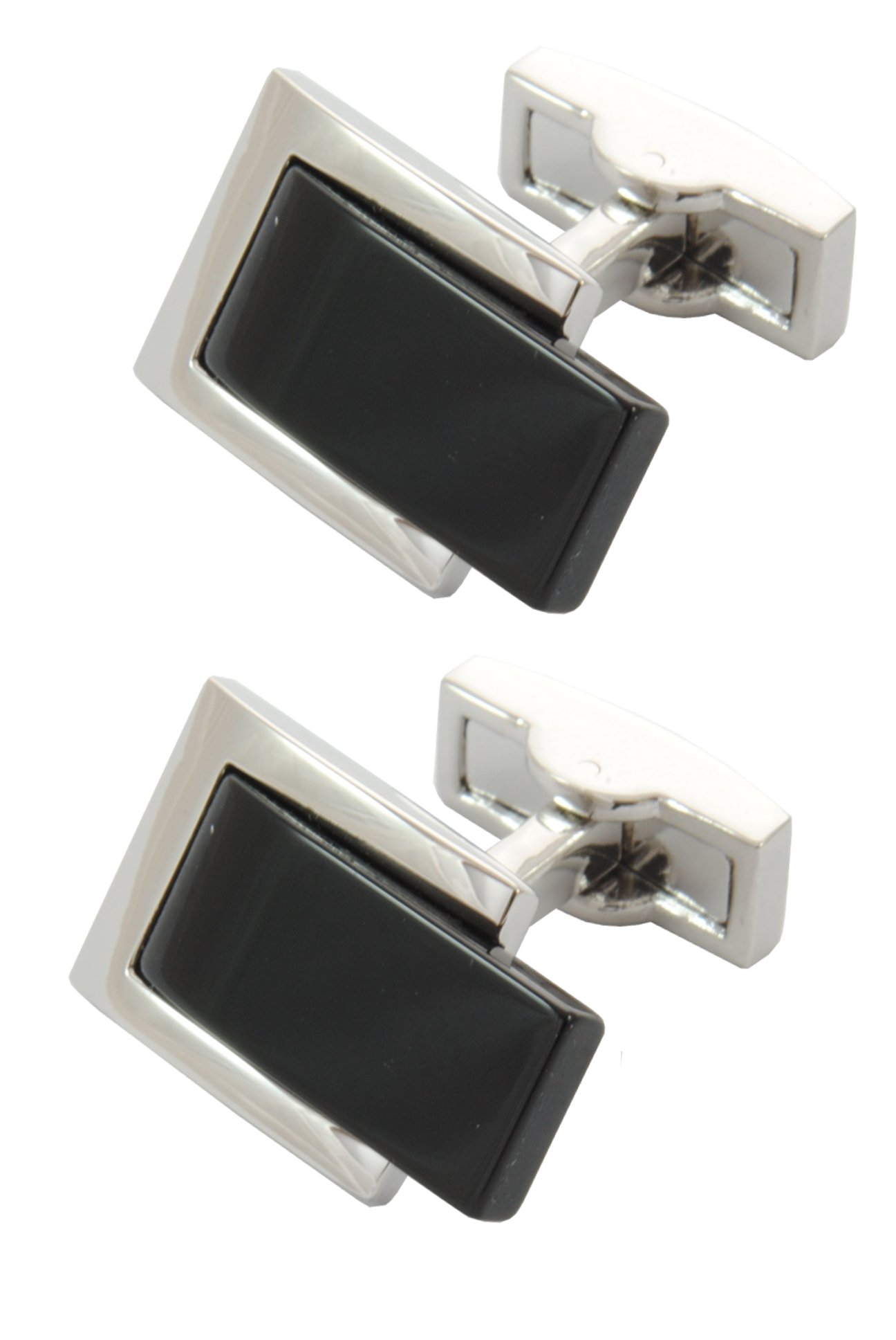 Cufflinks for Men + Presentation Box - Silver and Black Colours - Belt Buckle Effect - Solid Brass Metal - Rectangle Oblong Fashion Style Design - One Pair