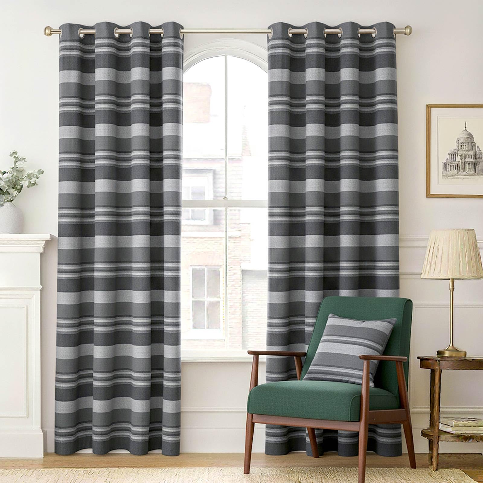HOMESCAPES Charcoal Grey Eyelet Curtain Pair 137cm (54") Wide x 137cm (54") Drop Morocco Stripe Design Ring Top Curtain Pair — image 1