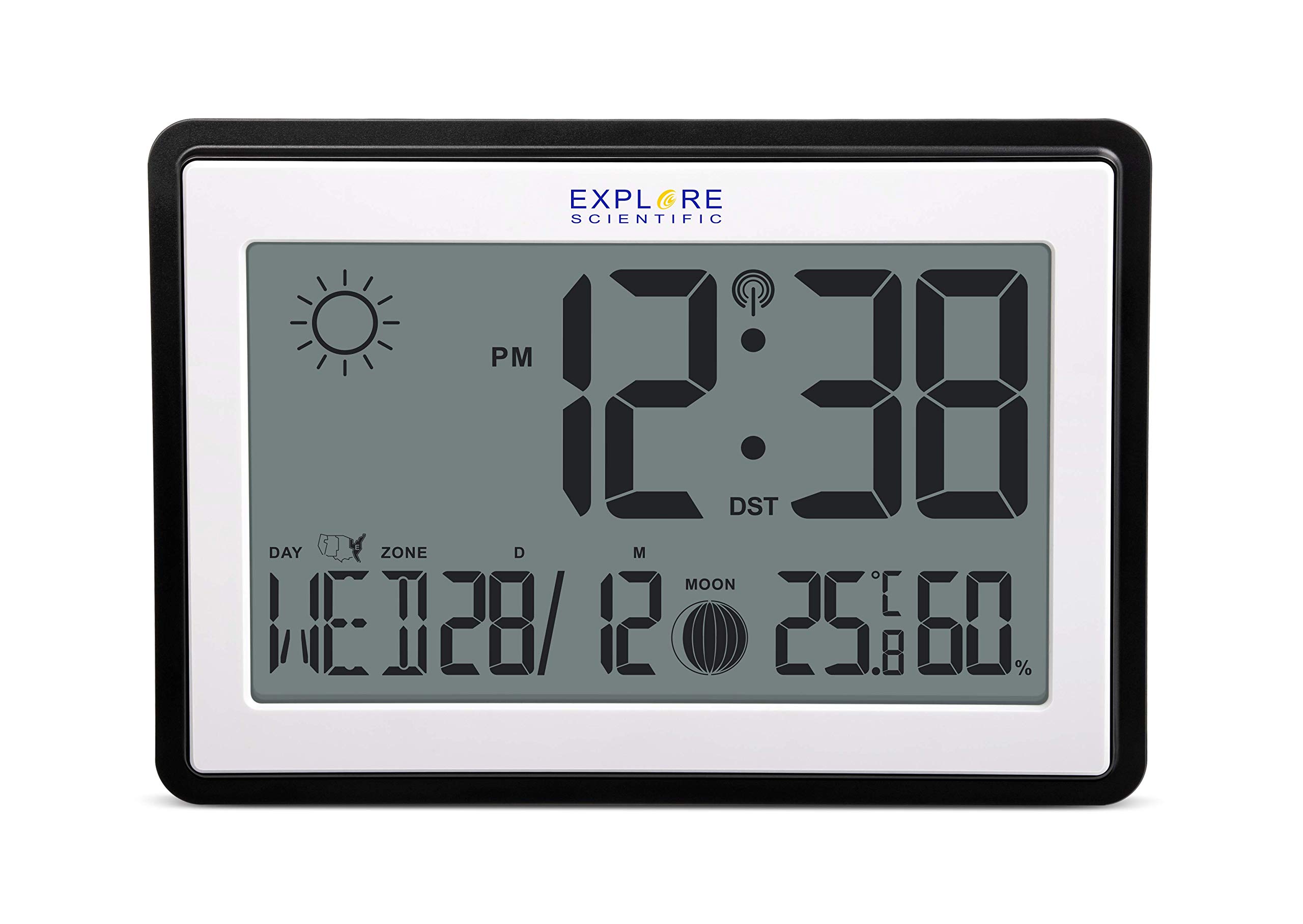 Explore Scientific RDC8002CM3000 Radio-Controlled Wall or Table Clock, Moon Phases, Internal Temperature and Humidity, Wall Hook and Desk Stand, Black