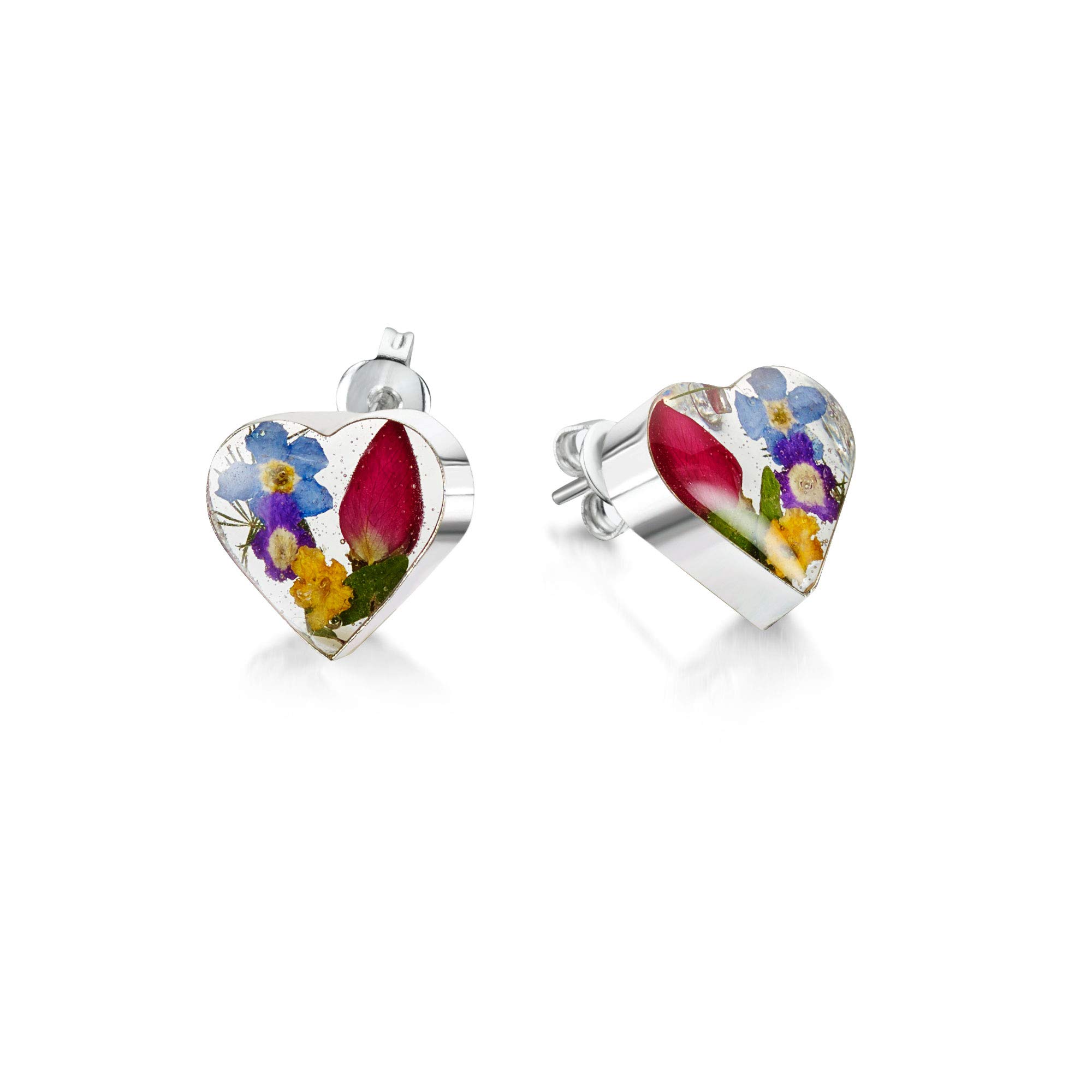 Shrieking Violet 925 Sterling Silver Heart Real Flower Stud Earrings - Assorted Flowers (Multicolour)