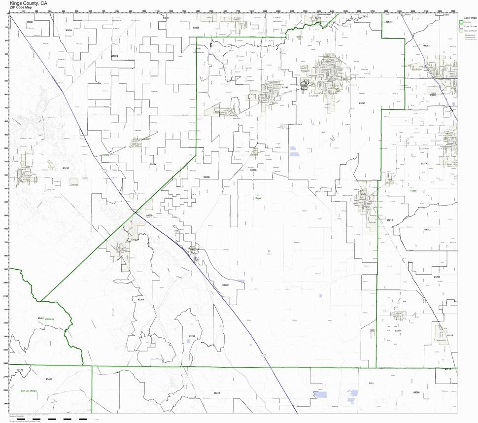 Kings County, California CA ZIP Code Map Not Laminated