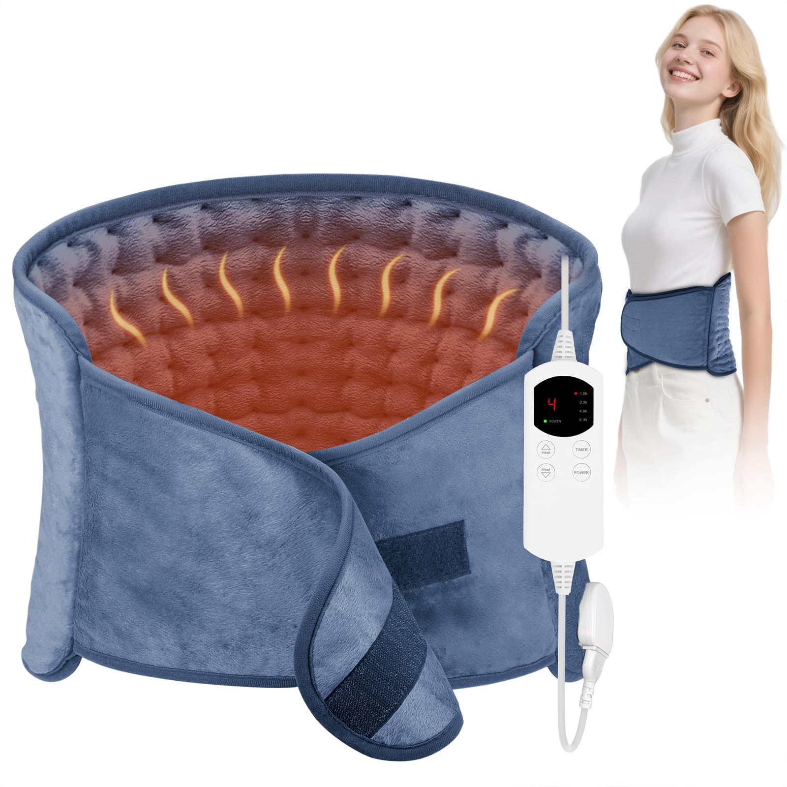 Photo 1 of Heating Pad for Back & Period Cramps, 12"x24" Electric Heating Pad with 26" Waist Belt, 6 Heat Levels 4 Timers & 2H Auto Shut Off, Gift for Women Men Mom Dad (Blue)