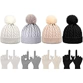Tarpop 8 Pcs Women Winter Knitted Beanie Hat Glove Set Soft Warm Skull Cap with Pom Pom Winter Gloves Knit Gloves for Women