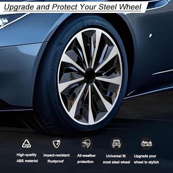 HUBCAP WHEEL COVERS REPLACEMENT SIZE R15 HUB CAPS UNIVERSAL-FIT STEEL WHEEL RIMS COVER ABS TIRE CAP FOR MOST CARS TRUCKS SEDANS SUV -SET OF 4(15-INCH,SILVER-BLACK)
