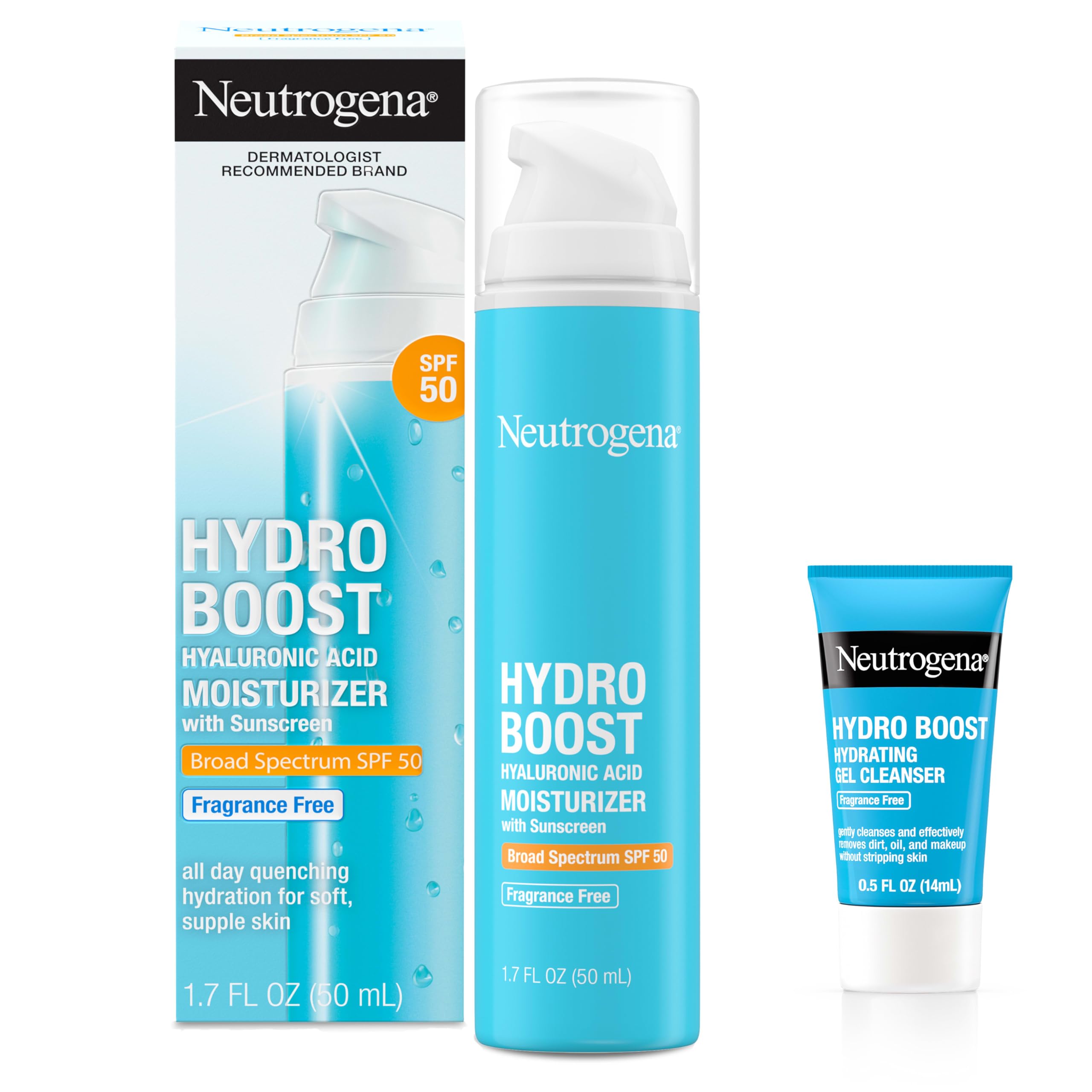 Photo 1 of Neutrogena Hydro Boost Hyaluronic Acid Hydrating Face Moisturizer With SPF 50, Fragrance Free Facial Moisturizer, 1.7 fl. oz, & Trial Size Hydro Boost Facial Cleanser, 0.5 fl. oz