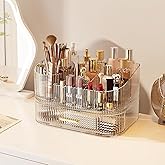 STORICANS 360° Rotating Makeup Organizer with Drawer, Clear Acrylic Cosmetic Storage Display, Stackable Beauty Counter (Clear, Large (Tray + 1 Drawer))