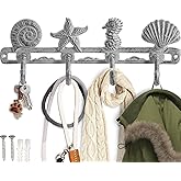 Comfify Vintage Seashell Coat Hook Hanger Rustic Cast Iron Wall Hanger w/4 Decorative Hooks - Includes Screws and Anchors - Beach House Decor - Antique White