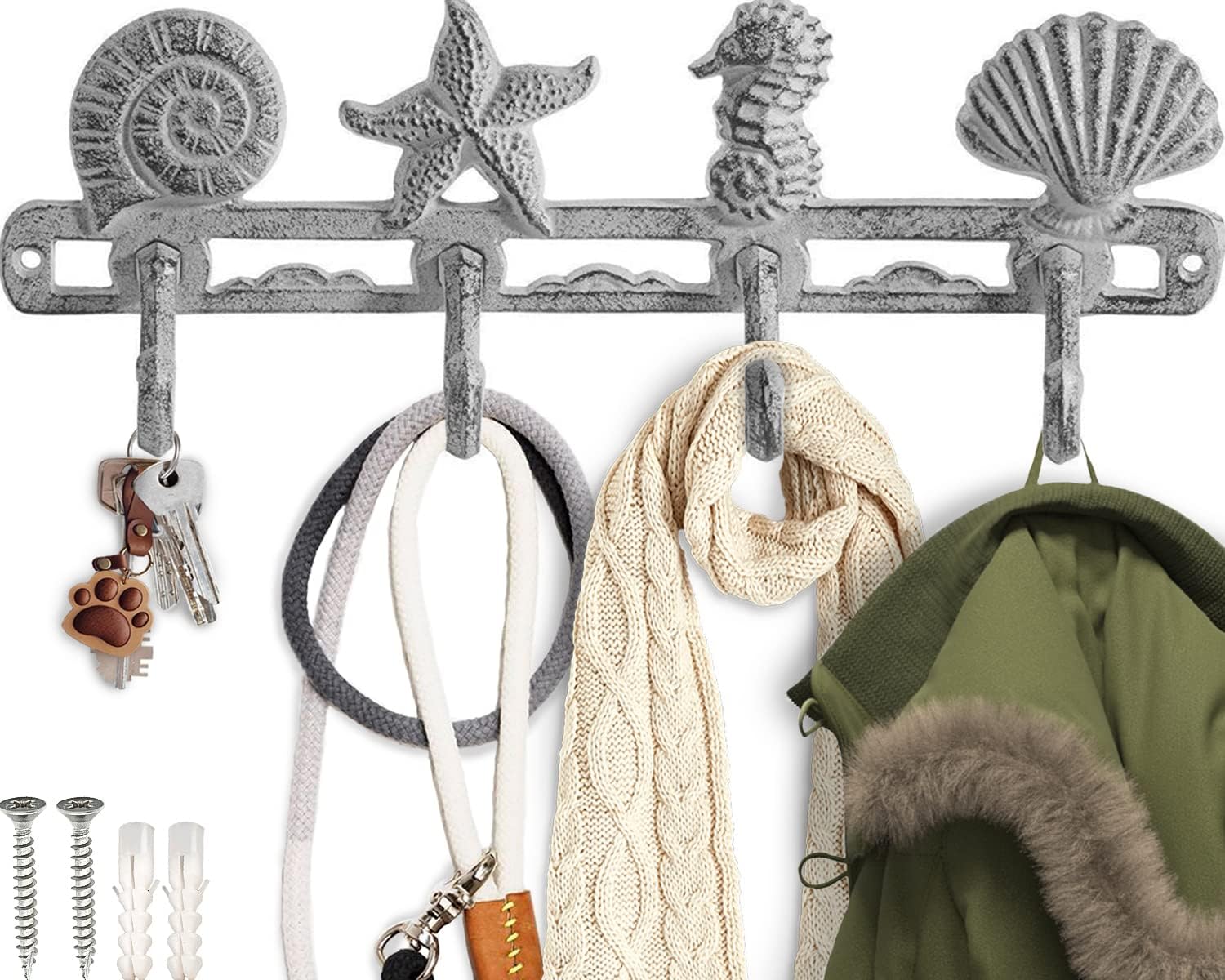 Comfify Vintage Seashell Coat Hook Hanger Rustic Cast Iron Wall Hanger w/ 4 Decorative Hooks | Includes Screws Anchors - White