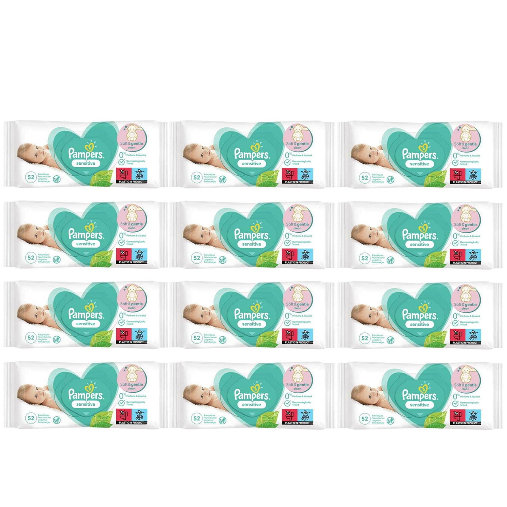 156-624 x BABY Wet Wipes PAMPER'S SENSITIVE Soft Gentle FRESH Babies No Fragrance Unscented Newborn Nappy Changing Skin Protection Clean Safe 52 Pcs Pack UK FREE P&P (12x PAMPERS PACKS (624 Wipes))