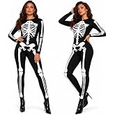 Women's Skeleton Print Bodysuit, Double-Sided Design for Halloween Party | Women's Long Sleeve 3D Bone Print Bodysuit, Stretch Fit Ideal for Halloween Parties and Cosplay