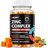 Zinc Gummies Supplement for Men & Women, Zinc Bisglycinate & Chelated Copper with Multivitamins, Selenium, Turmeric - for Immune & Acne, Energy Support - Vegan & Non-GMO - Turmeric Flavor, 60 Gummies