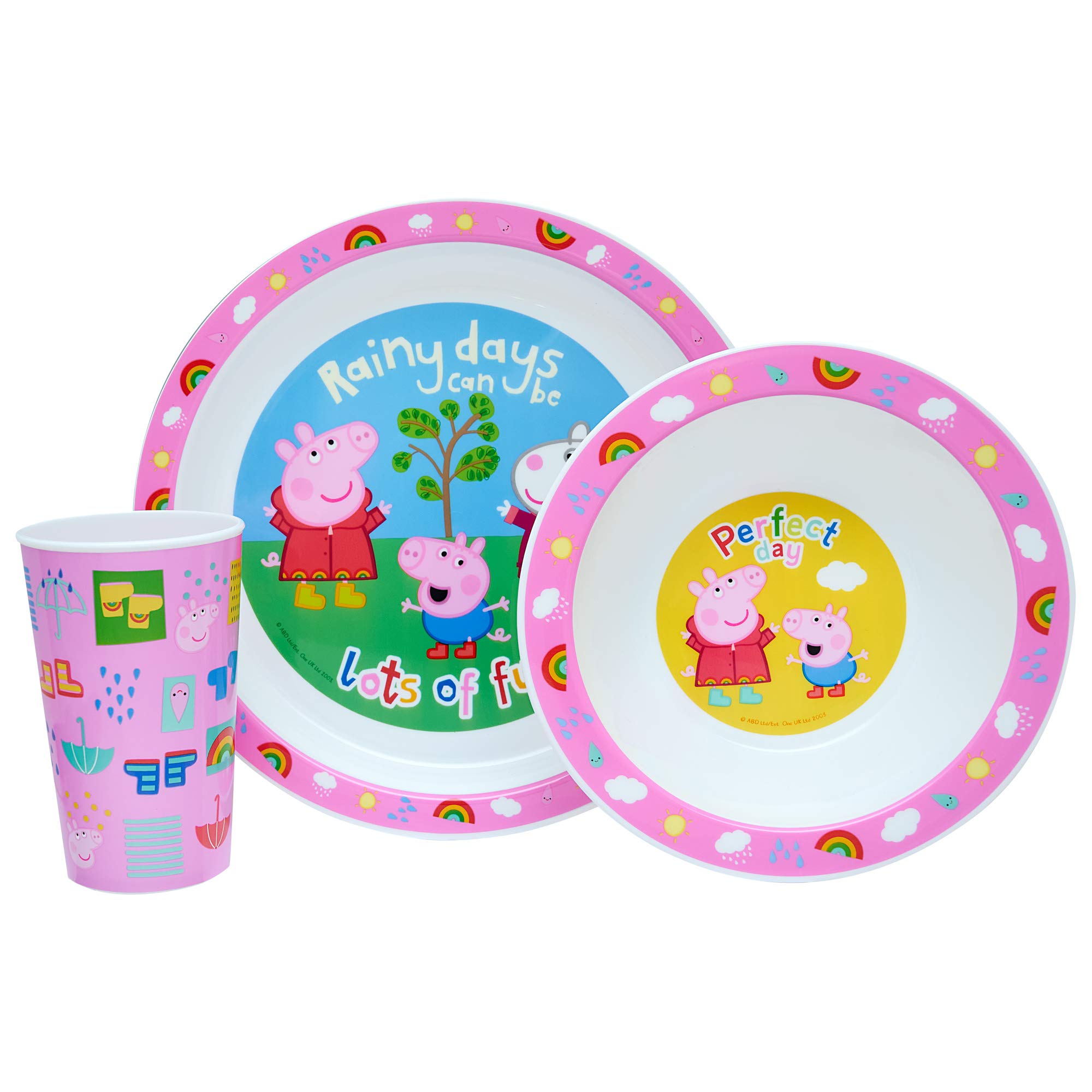 Peppa Pig Perfect Day Kids Tableware 3 Piece Reusable PP Plate, Bowl & Cup Children – Peppa, George Tumbler & Dinnerware Set for Mealtimes – for 24 Months & Up, Re-usable Plastic, Pink