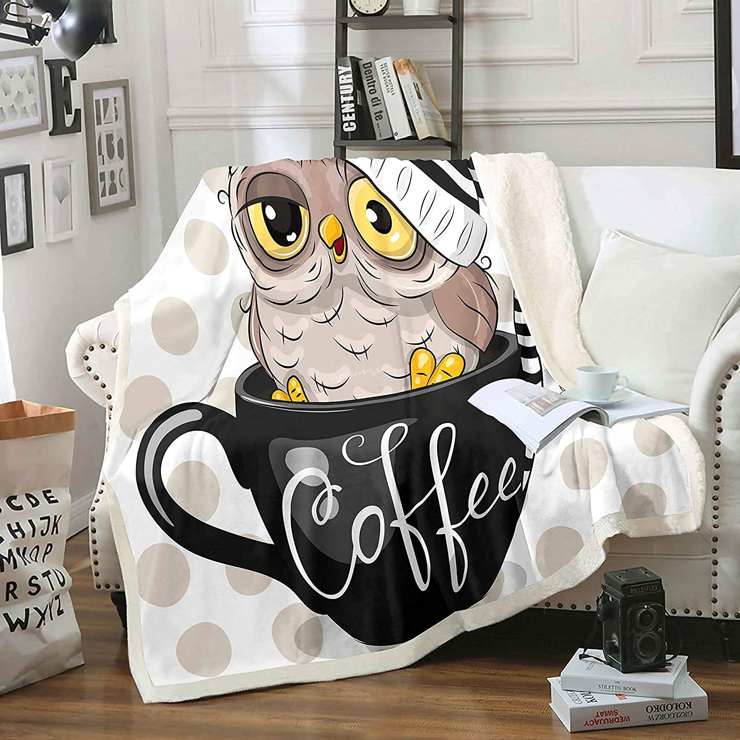Owl Sherpa Throw Blanket Kids Cute Kawaii Cup Owl Fleece Blanket for Bed Sofa Couch Girls Cartoon Animal Bird Plush Blanket Lovely Polka Dots Stripe Fuzzy Blankets All Season Double 60"x79"