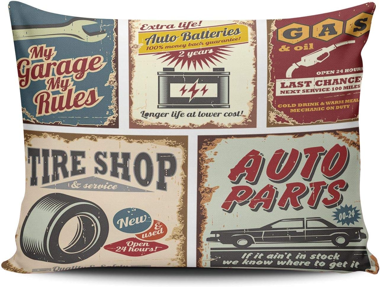 AIHUAW Home Decorative Cushion Covers Throw Pillow Case Vintage Car Service Metal Signs Pillowcases Lumbar 12x20 Inches One Sided Printed (Set of 1)