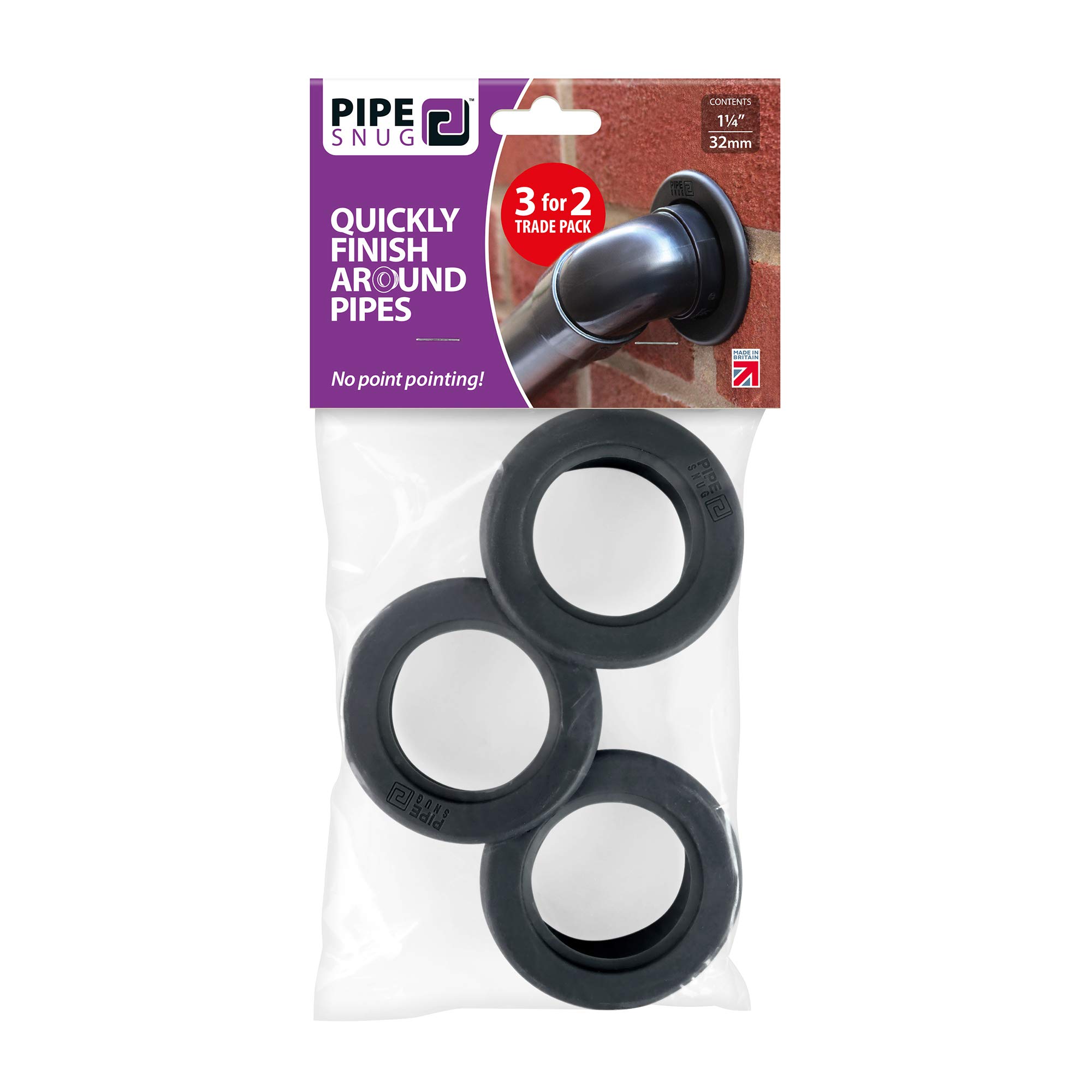 PipeSnug - Waste Pipe Collar and Seal, Black 32mm (1 1/4") (Pack of 3)