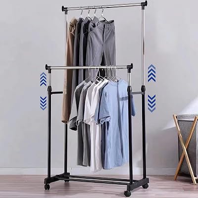 Vivo Technologies Double Adjustable Tidy Rack Mobile Garment Rack Wheel Stand