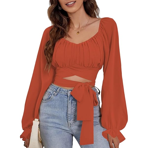 トップス APRON TOPS &BIG COLLAR DRAWSTRING BLOUSE Rooscier Women's Drawstring V Neck Ruched Lantern Long Sleeve Tie