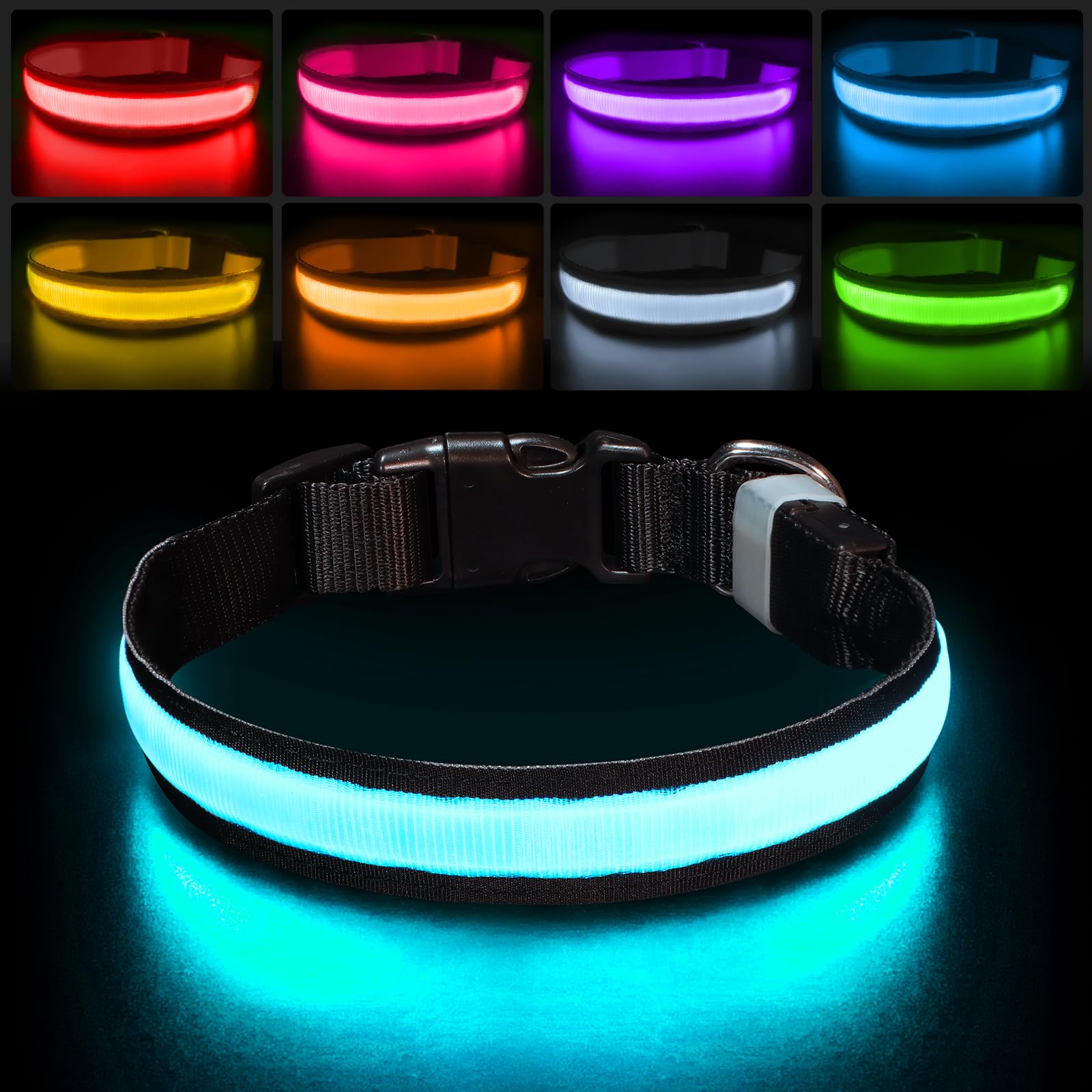PcEoTllar Light Up Dog Collar - Rechargeable Flashing LED for Night, Adjustable for Small Medium Large Dogs, Waterproof 7 Colors, Black(9 Modes)