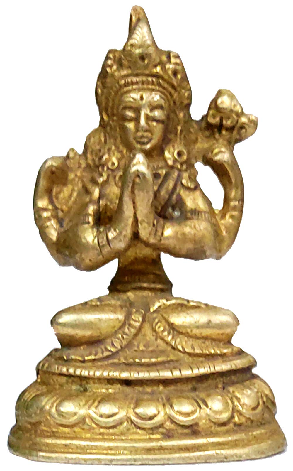 Purpledip Brass Idol Tara, Female Bodhisattva: Mini Statuette Tibetan Buddhist Goddess in Folded Hands Anajali Pose (12059)