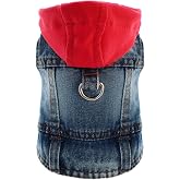 DOGGYZSTYLE Cool Dog Jean Jacket Vest with D-Ring Blue Denim Dogs Hoodies Outfits for Small Medium Dogs Cats Boy Male Dog Clothes Costume Dogggie Puppy Harness Coat for Frenchie Walking(Red Hat,XL)