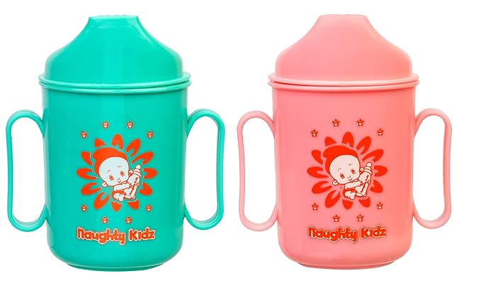 NAUGHTY KIDZ Premium Sipper for Baby with SPOUT and Twin Handle||Easy to Hold with Key TEETHER for Baby to Play (Light Pink+Green)