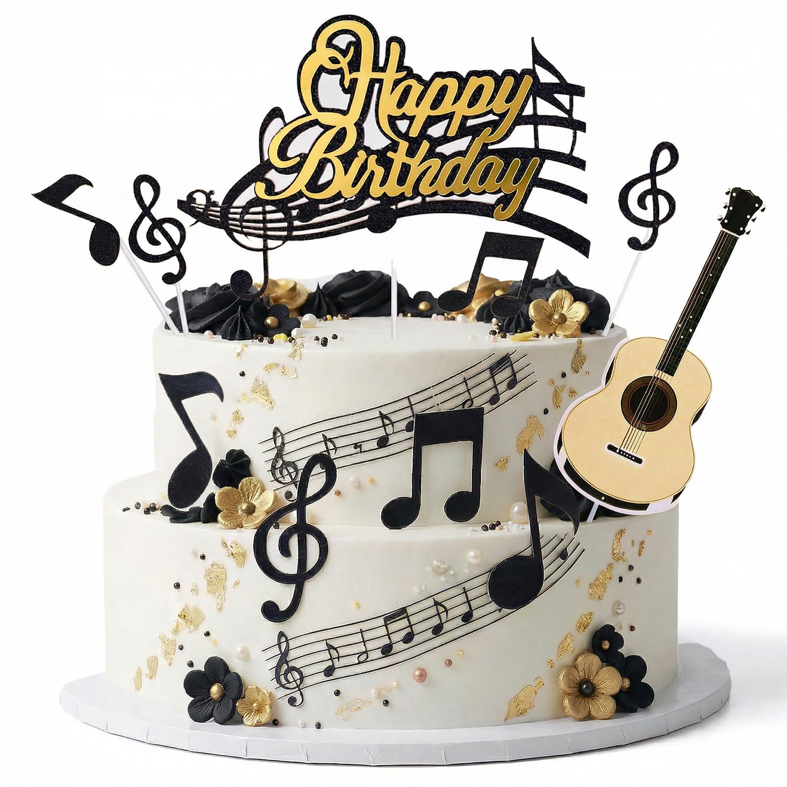 Photo 1 of Music Cake Toppers, Guitar Happy Birthday Cake Topper, Musical Themed Birthday Party, Music Note Cakes Decorations (Black)