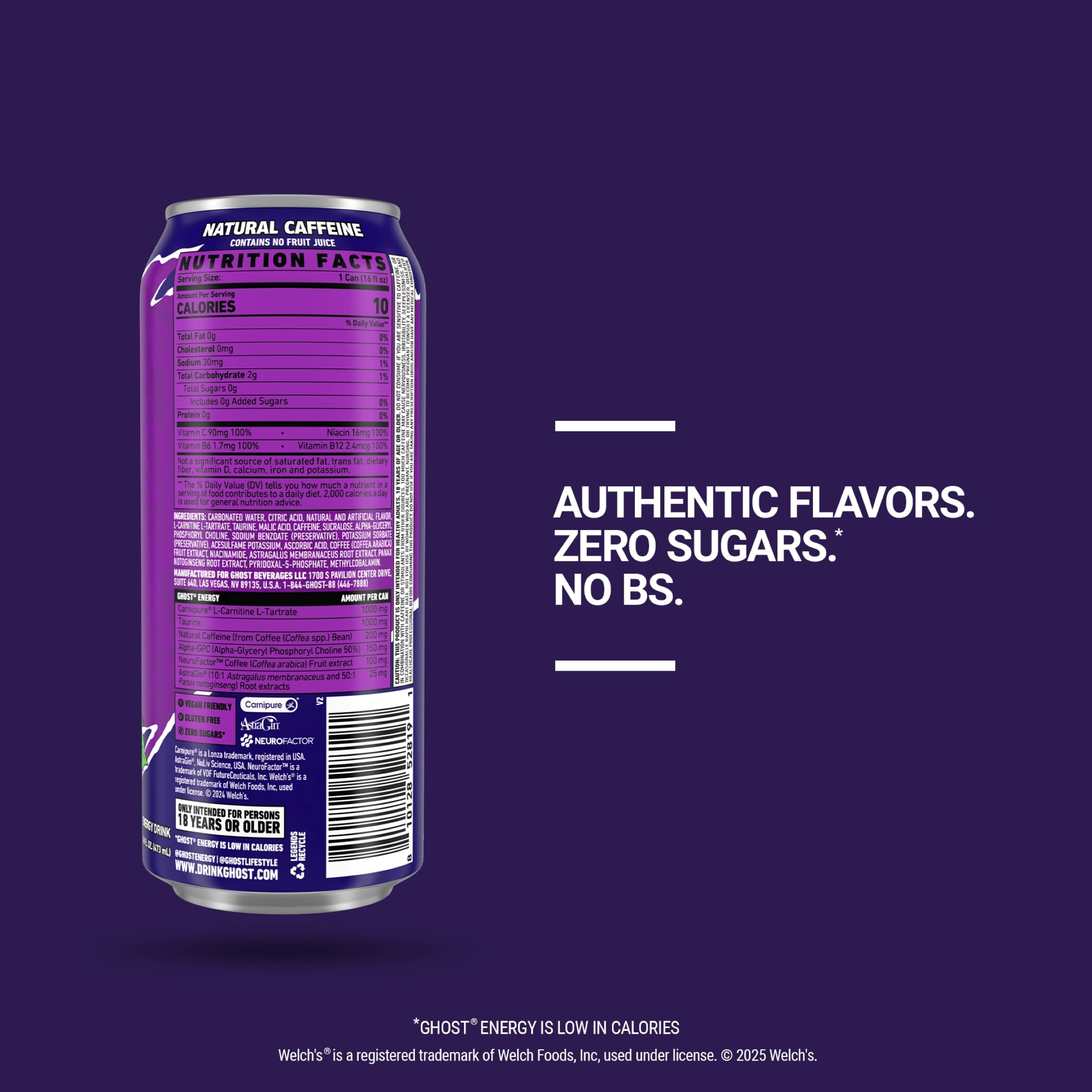 GHOST Energy Drink - 12-Pack, Welch's Grape, 16oz Cans - Energy & Focus & No Artificial Colors - 200mg of Natural Caffeine, L-Carnitine & Taurine - Gluten-Free & Vegan