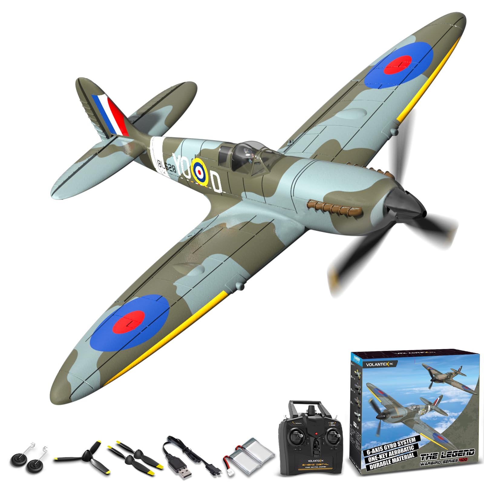 VOLANTXRC Remote Control Plane 4-CH RC Spitfire Fighter Radio Controlled Aeroplane for Beginners with Xpilot Stabilization Systemwith, One Key Aerobatic
