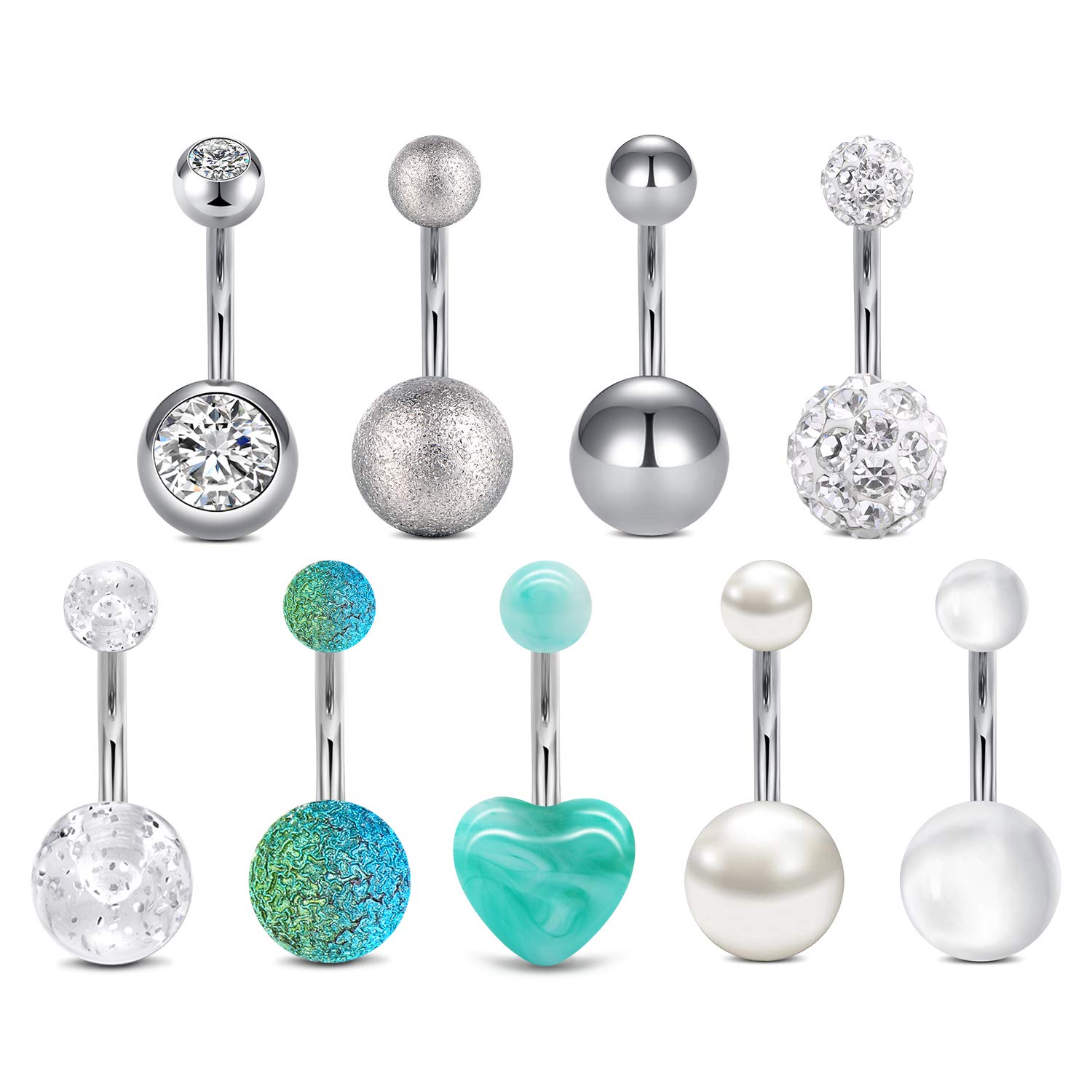 incaton Belly Bar 14G Stainless Steel Navel Ring Piercing Jewelry - Heart CZ 9PCS