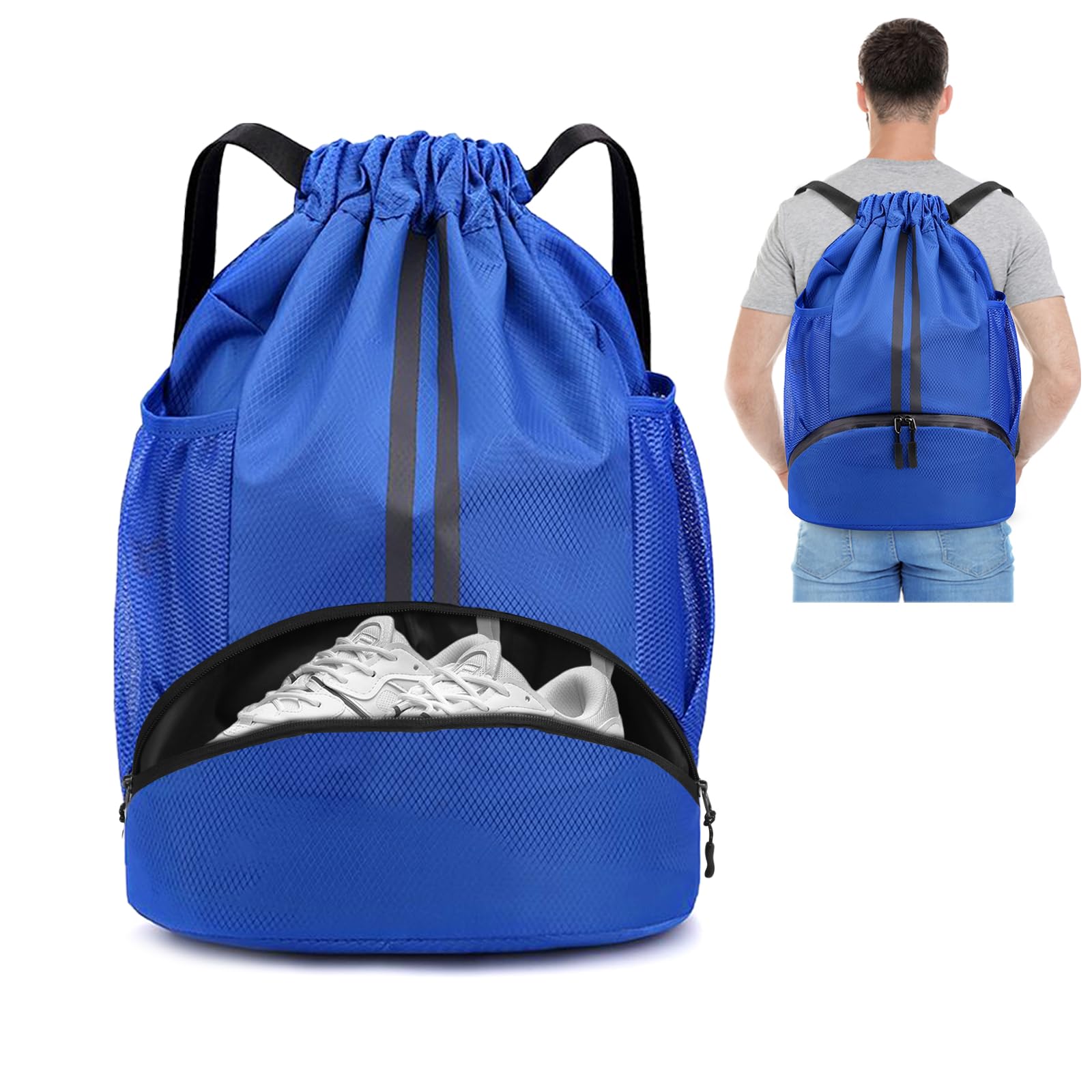 Minicoco Drawstring Backpack Sports Backpack Large Gym Bag Oxford Outdoor Backpacks Waterproof Sports Bag for Men, Women, with Shoe Compartment, Suitable for Gym, Travel (Blue)