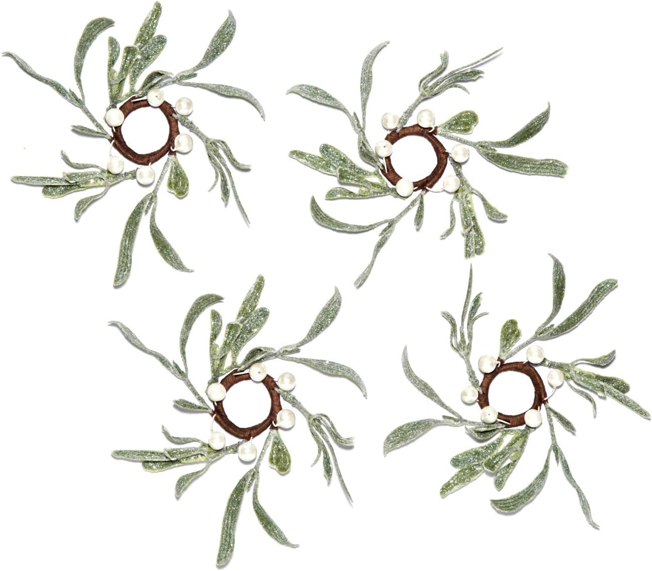 Lamb's Ear Taper Candle Rings - Set of 4, Mistletoe Mini Wreaths with Pearl Accents, for Easter and Spring Home Decor