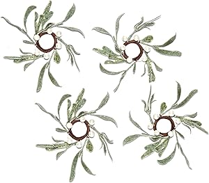 Lamb's Ear Taper Candle Rings - Set of 4, Mistletoe Mini Wreaths with Pearl Accents, for Easter and Spring Home Decor