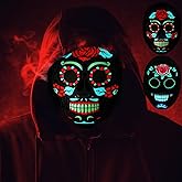 Sosation 2 Pcs Day of the Dead LED Mask for Adults Dia De Muertos Light up Face Masks with 3 Lighting Modes and Adjustable Headband Halloween Mexican Masquerade Party Costume Supply for Women Men