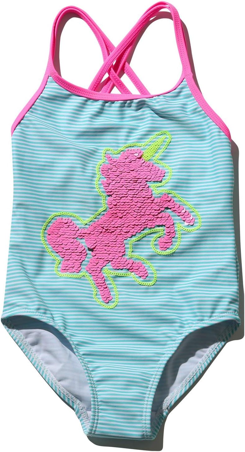 M&Co Girls Swimwear Two Way Flip Sequin Unicorn Stripe Print Design Cross Back Strap Halter Neck Swimsuit