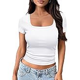 WAYMAKER Women's Casual Short Sleeve Square Neck Summer Tops Ribbed Knit Slim Fit Tee Shirts