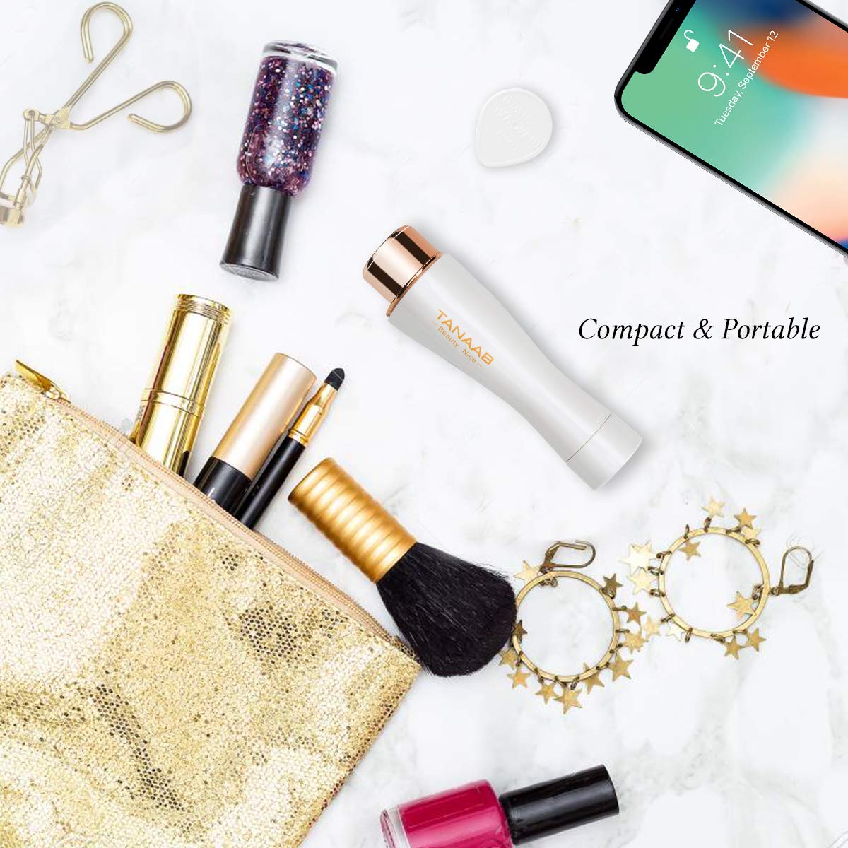 Facial Hair Removal for Women, TANAAB Painless Waterproof Smooth Facial Hair Remover Shaver Razor for Face Upper Lip Chin Cheeks Arm Built-in LED Light - White Gold