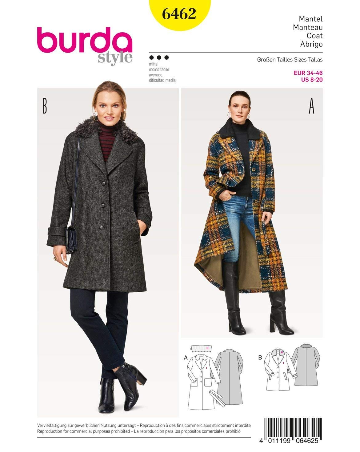 Burda Style Sewing Pattern B6462 Misses' Faux Fur Collar Coat
