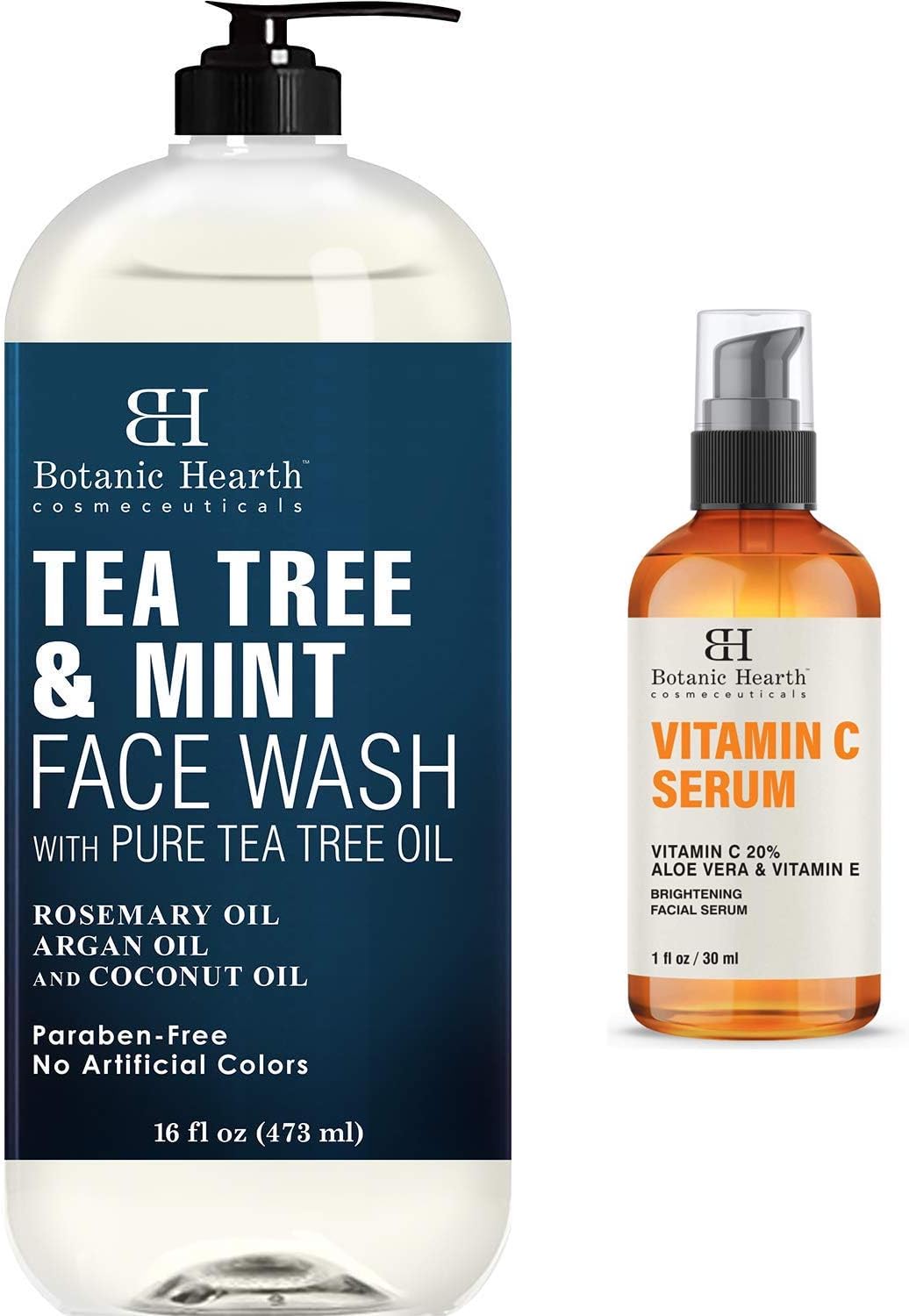 Botanic HearthTea Tree Face Wash with Mint and Vitamin C Serum for Face & Neck Bundle - Great Package for Men and Women