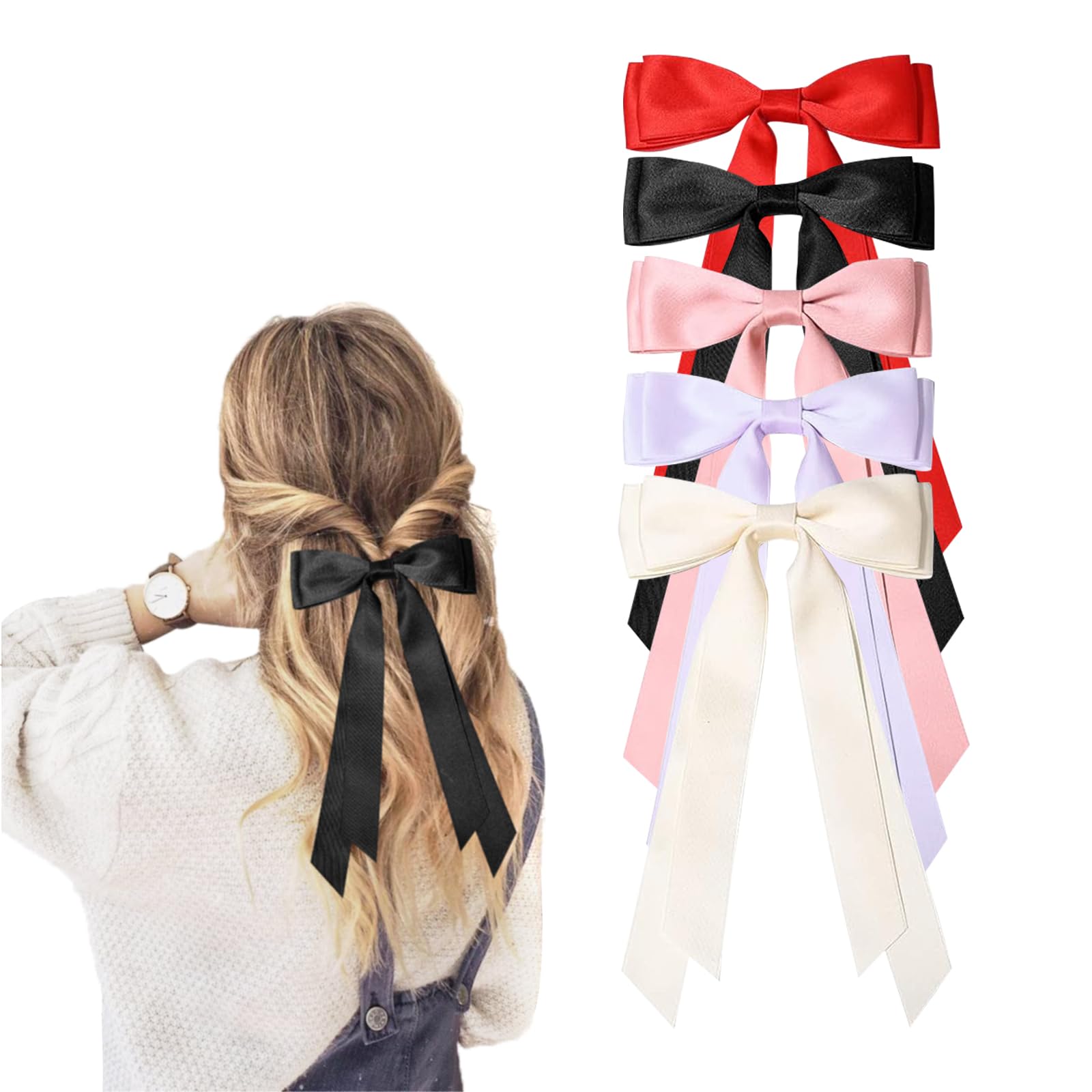 5PC Silky Satin Hair Bows Hair Clip Ribbon Ponytail Holder Accessories,Black Bow Hair Clip,Hair Bows for Girls Women(Black/Red/Purple/Pink/White)