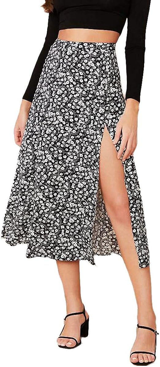 Split Thigh Ditsy Floral Print Skirt Women High Waist Boho