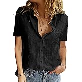 Jyanl Womens Button Down Shirts Cotton Summer Tops V Neck Short Sleeve Shirt Collar Blouse Casual Plain Tshirt Work Tops