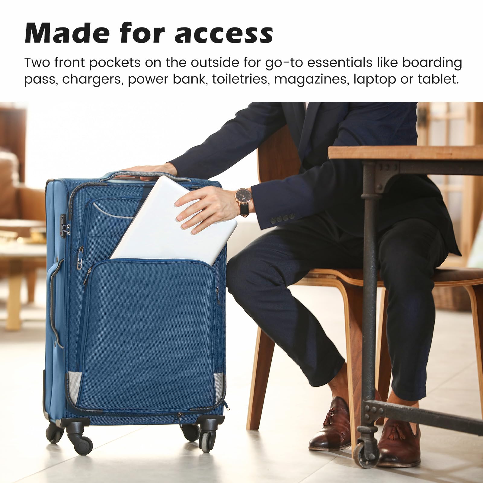 Coolife Luggage 4 Piece Set Suitcase TSA Lock Spinner Softshell lightweight(black+blue)