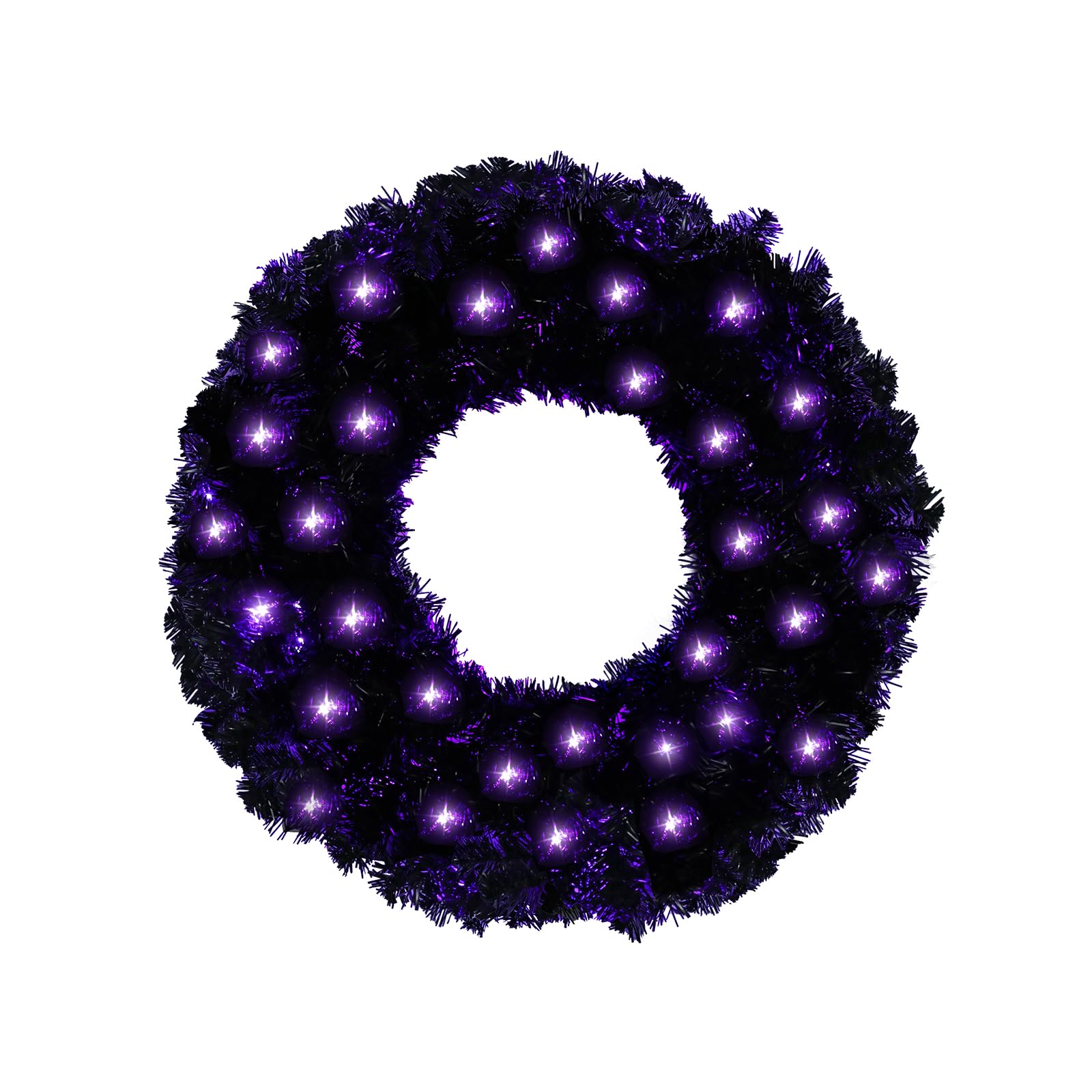 Photo 1 of Halloween Wreath for Front Door 24 Inch Pre-Lit Black Halloween Wreaths with 50 LED Purple Light for Indoor Outdoor Wall Window Porch Patio Prom Garden Farmhouse Home Decoration Party Holiday Decor