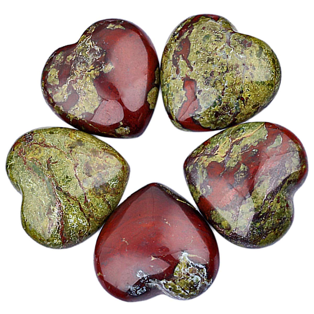 Nupuyai 5pcs Dragon Bloodstone Crystal Heart Love Palm Worry Stone for Chakra Reiki Healing, Carved Stone for Home Decoration 2.5cm