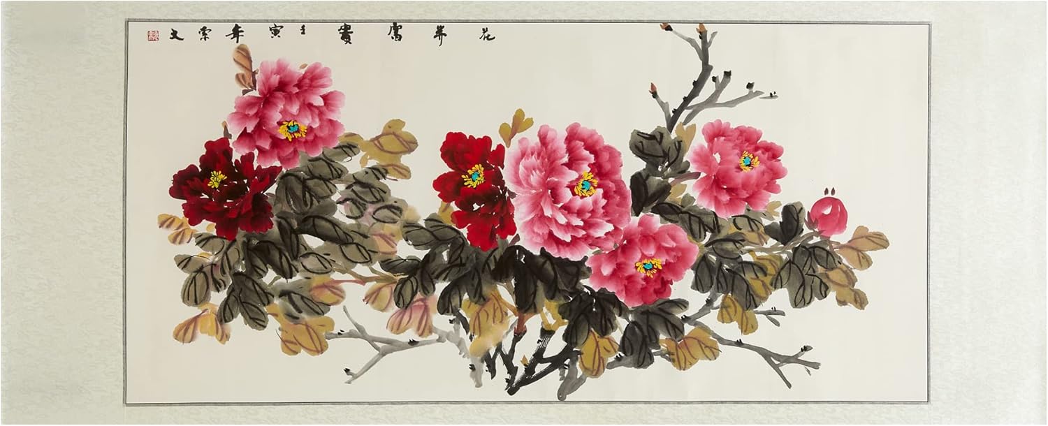 Paintings - COOZMENT,100% Handmade painting,Asian decor Chinese Painting, Decoration Wall Painting, Japanese Wall Art, hanging, living room decoration, bedroom decoration, flowers and butterflies, flowers and birds, wealth and auspiciousness, Feng Shui,rice paper（68