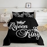 Feelyou Crown Queen and King Couple Comforter Sets His and Hers Bedding Set for Teens Women Men Black Grey King Size,Lover Romantic Valentine's Day Decorations Quilt Set All Season(No Glitter)
