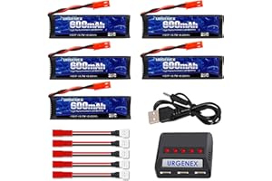 URGENEX 3.7v Lipo Battery 600mAh with JST Plug 1S Li-Po Battery with X5 Battery Charger for UDI U817 U817A V959 V222 V929 RC Drone Quadcopter 5PCS Aircraft Batteries