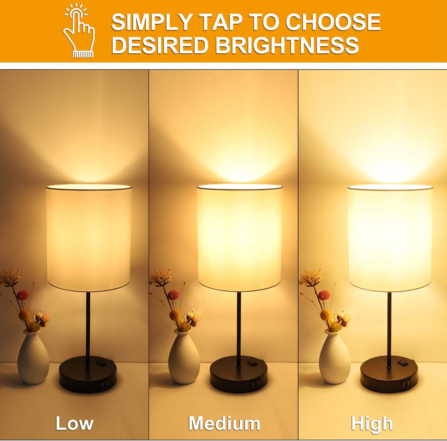 Touch Control Table Lamp, USB Touch Lamp with AC Outlet, 3 Way Dimmable Bedside Nightstand Lamp, LED Desk Lamp USB Reading Lamp Modern Lamp for Bedroom Living Room Office(Bulb Included): Home Improvement