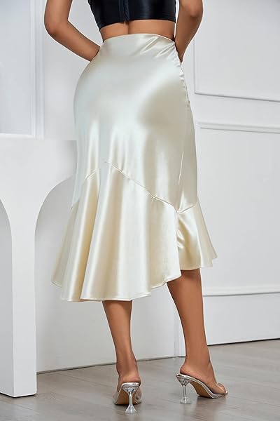 ALCEA ROSEA WOMENS SATIN HIGH WAISTED SILK A-LINE WEDDING ELEGANT ELASTIC MIDI SKIRT(GOLD CHAMPAGNE,XXL)