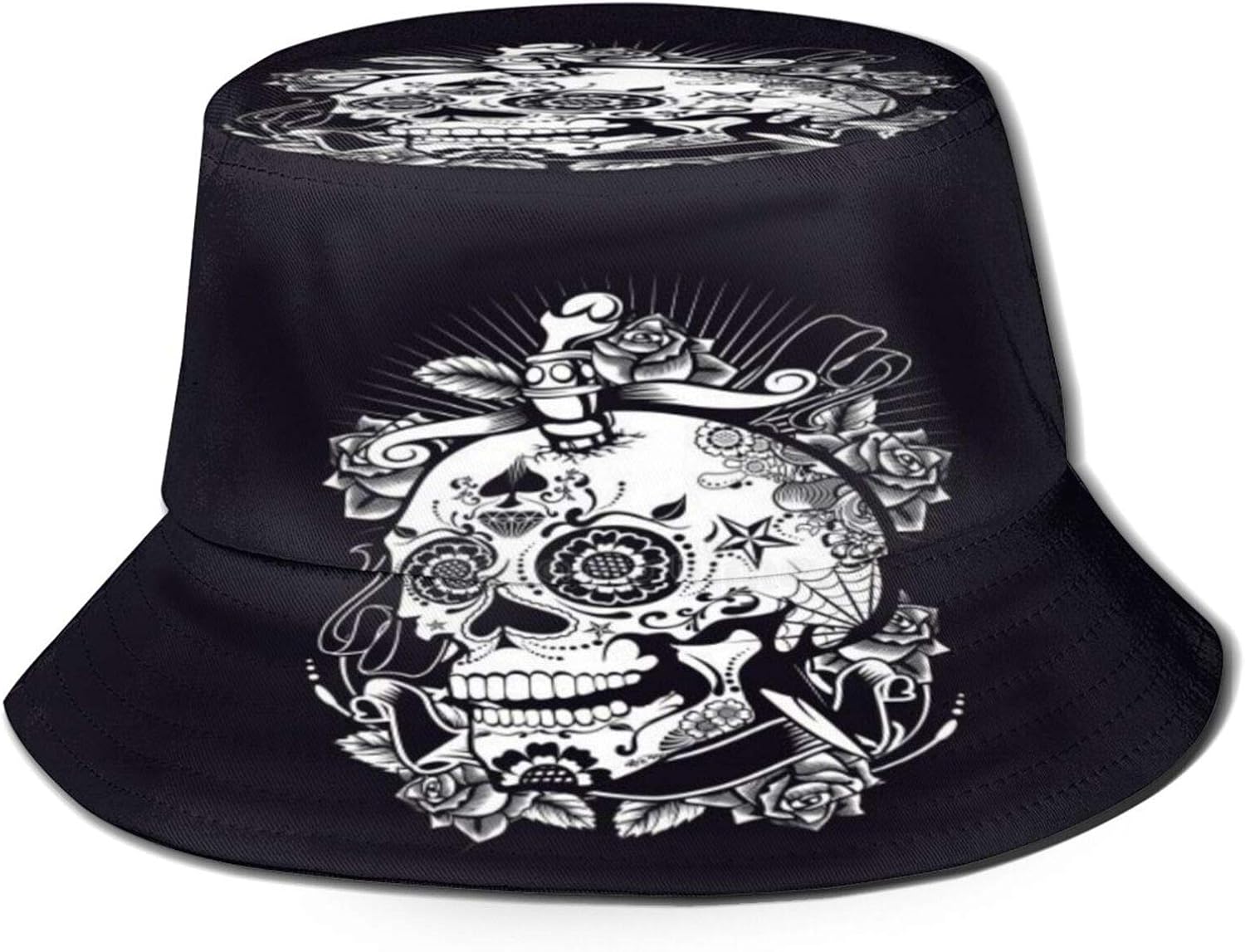Black and White Skull Psychedelic Bucket Hats Packable Sun Caps Fishman